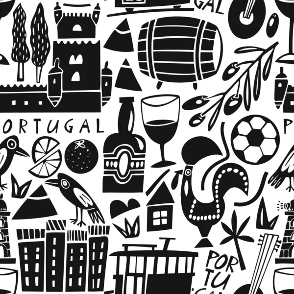 ベクトルハンドはポルトガルのランドマークシームレスなパターンを描いた ポルトガル共和国のシンボルの旅行イラスト 手書き文字 ヨーロッパのアイコンの背景 ロイヤリティフリーのストックイラスト