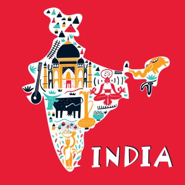 Vektör el çizilmiş Hint işaretlerinin stilize haritası. Seyahat illüstrasyonu. Hindistan Cumhuriyeti coğrafya illüstrasyonu. Asya haritası ögesi