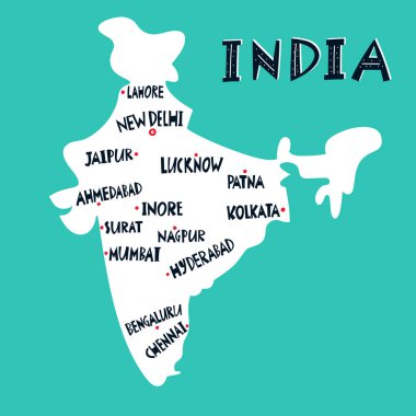 Vektör eliyle çizilmiş Hint şehirlerinin stilize haritası. Seyahat illüstrasyonu. Hindistan Cumhuriyeti coğrafya illüstrasyonu. Asya haritası ögesi