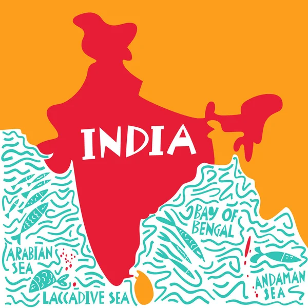 Векторная Ручная Нарисованная Стилизованная Карта Индийского Региона Названиями Вод Путевые — стоковый вектор