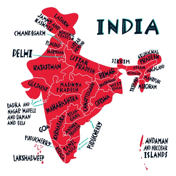 Векторная Рука Нарисовала Стилизованную Карту Индийских Штатов Территорий Путевые Иллюстрации — стоковый вектор