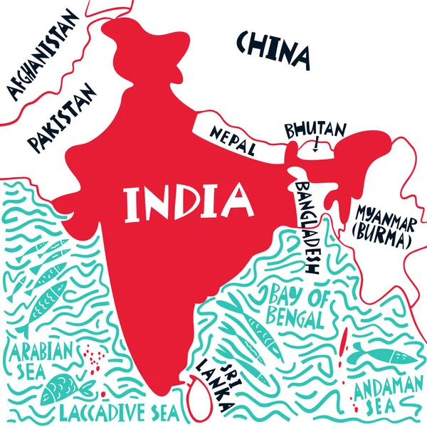 Векторная Нарисованная Вручную Стилизованная Карта Соседних Индией Стран Вод Путевые — стоковый вектор