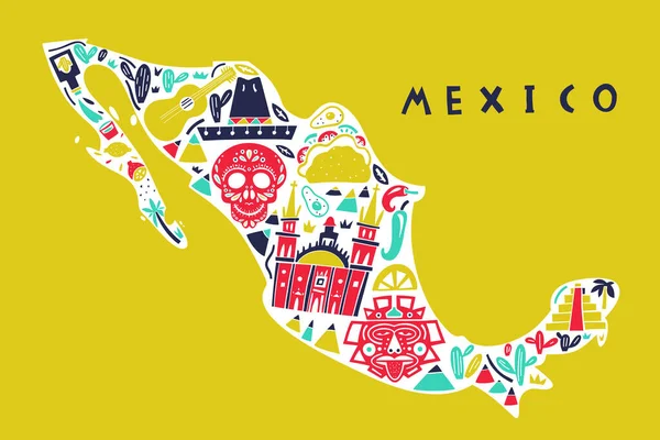 Vector Mão Desenhada Mapa Estilizado Marcos México Ilustração Viagem Ilustração — Vetor de Stock