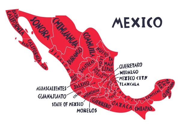 Mão Vetorial Desenhado Mapa Estilizado Dos Estados México Ilustração Viagem — Vetor de Stock