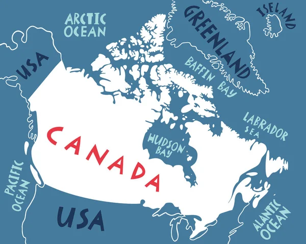 Vector Hand Drawn Stylized Map Canadian Region Water Names Neighbor — 스톡 벡터