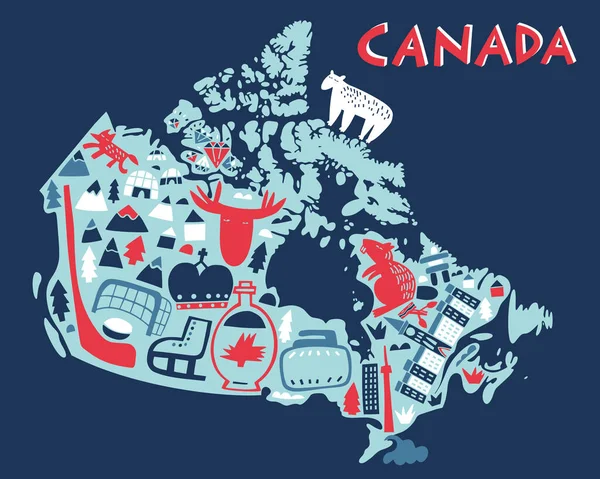 Vector Hand Drawn Stylized Map Canadian Landmarks Canada Travel Illustration — Διανυσματικό Αρχείο