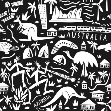 Vector hand drawn Australia seamless pattern. Travel illustration with Australian landmarks, food, plants, buildings, animals.