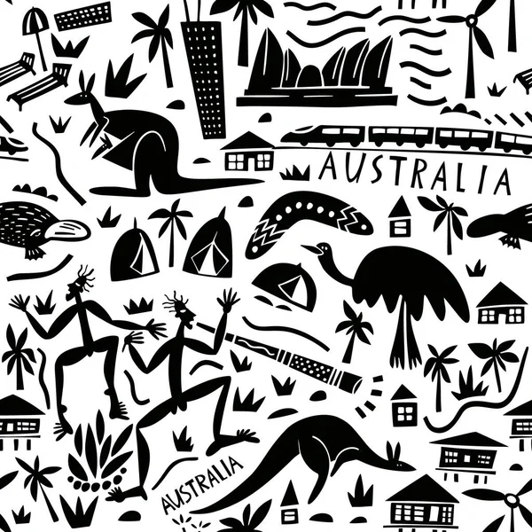 Vector Hand Drawn Australia Seamless Pattern Travel Illustration Australian Landmarks — 스톡 벡터