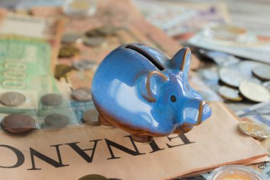 Farklı koleksiyoncu paraları ve banknotların arka planı, üst görünümü olan bir kumbara.