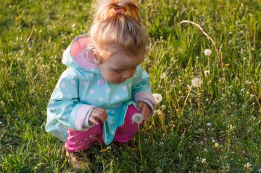 Parktaki küçük tatlı kız, yumuşak odaklı arka plan.
