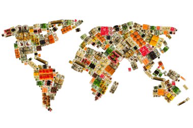 Suşiden dünya haritası ve somon ve yılan balığıyla rulo, üst manzara.