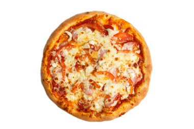 Peynirli, domatesli ve mantarlı fırında pizza.