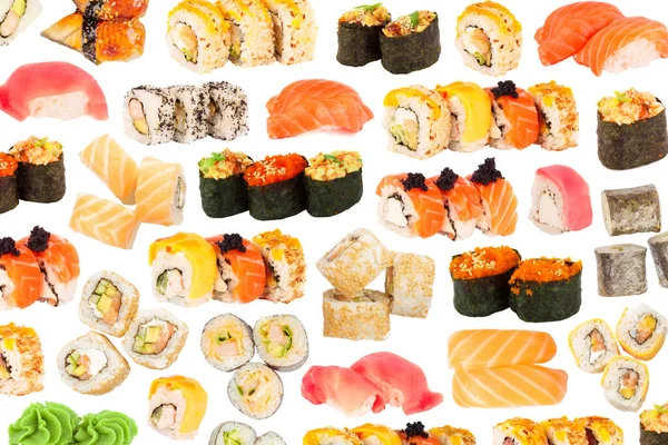 Set Med Olika Sushi Och Rullar Med Skaldjur Isolerade — Stockfoto