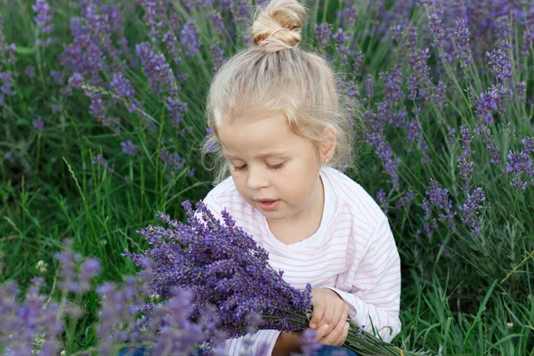 Klein Mooi Meisje Met Een Boeket Van Lavendel Bloemen Zachte — Stockfoto