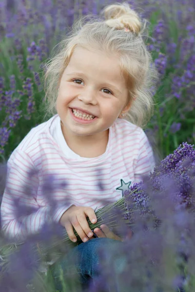 Little Beautiful Girl Bouquet Lavender Flowers Soft Focus Background — Stockfoto