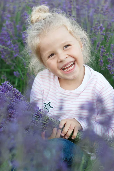 Little Beautiful Girl Bouquet Lavender Flowers Soft Focus Background — Stockfoto