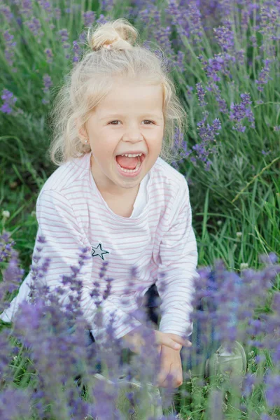 Klein Mooi Meisje Met Een Boeket Van Lavendel Bloemen Zachte — Stockfoto