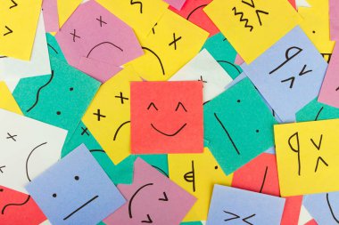 Set of funny colored stickers with different emotions, top view