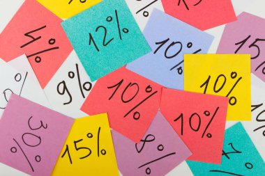 Background from different stickers with business sings and symbols, top view