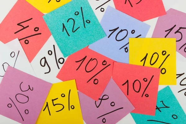 Background from different stickers with business sings and symbols, top view