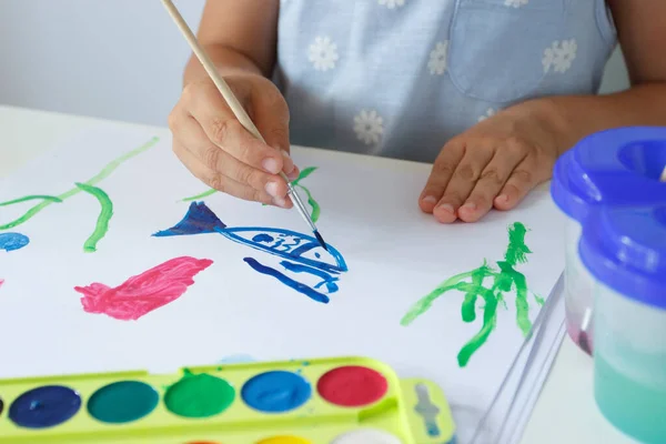 Child Drawing Picture Watercolor Back School Concept — Stock fotografie