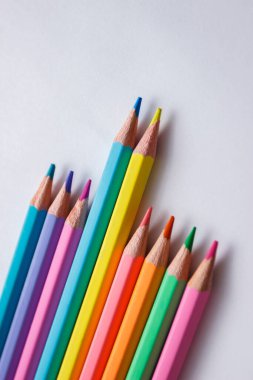 Set of colored pencils, school equipment on the table, concept of education