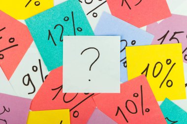 Background from different stickers with business sings and symbols, top view