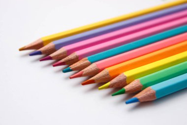 Set of colored pencils, school equipment on the table, concept of education