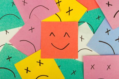 Set of funny colored stickers with different emotions, top view