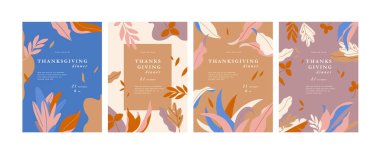 Şükran Günü davetiyeleri için vektör illüstrasyon tebrik kartları. Metin için kopyalama alanı olan soyut dikey pankart veya arkaplan.