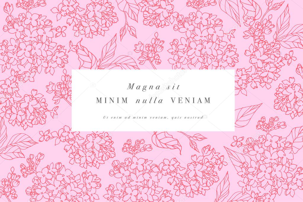 Vintage card with lilac flowers. Floral wreath. Flower frame for flowershop with label designs. Summer floral greeting card. Flowers background for cosmetics packaging