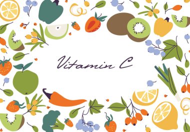 Vector illustration various of food with vitamin C sources. Fruits and vegetables enriched with ascorbic acid. Nutrition background