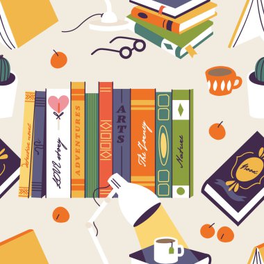 Vector illustration set of books and educational elements. Various books, stack of books, notebooks with decorative elements. Seamless pattern