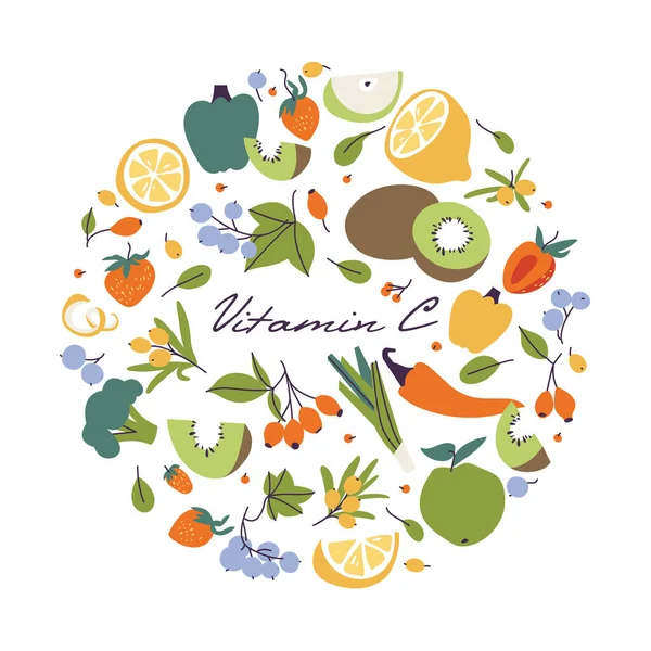 Vector Illustration Various Food Vitamin Sources Fruits Vegetables Enriched Ascorbic — 图库矢量图片