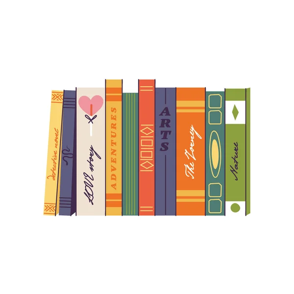 Vector Illustration Row Different Colorful Books Horizontal Pile Various Educational — Διανυσματικό Αρχείο