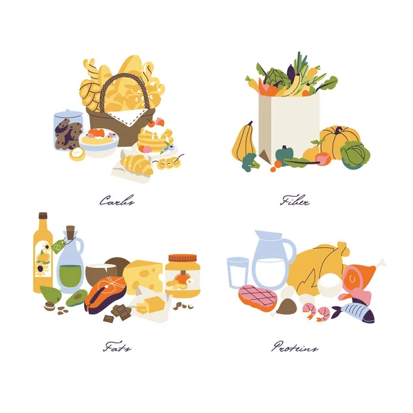 Conjunto Ilustración Vectorial Categorías Nutricionales Macronutrientes Fibra Proteínas Grasas Carbohidratos — Vector de stock