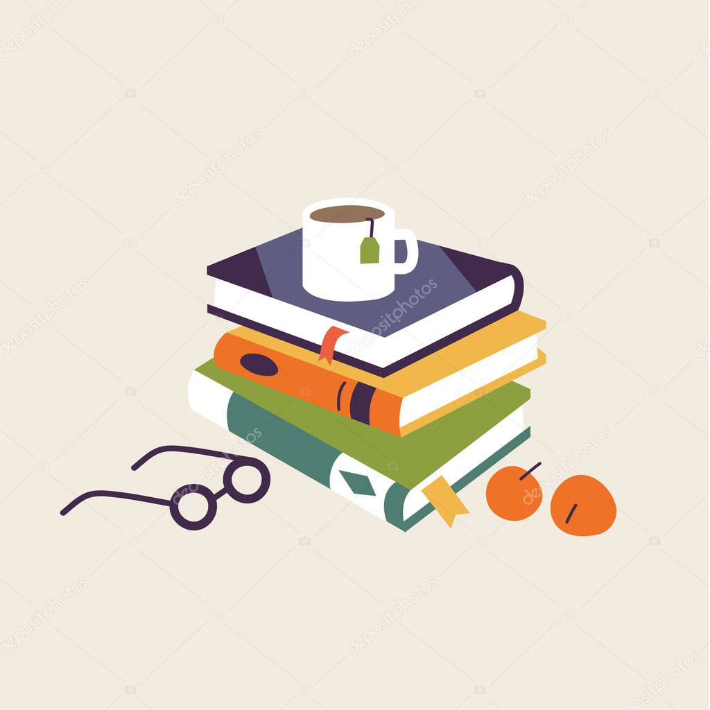 Vector illustration vertical stack different books in hardbacks with bookmarks and with cup of coffee on the top and apples, glasses