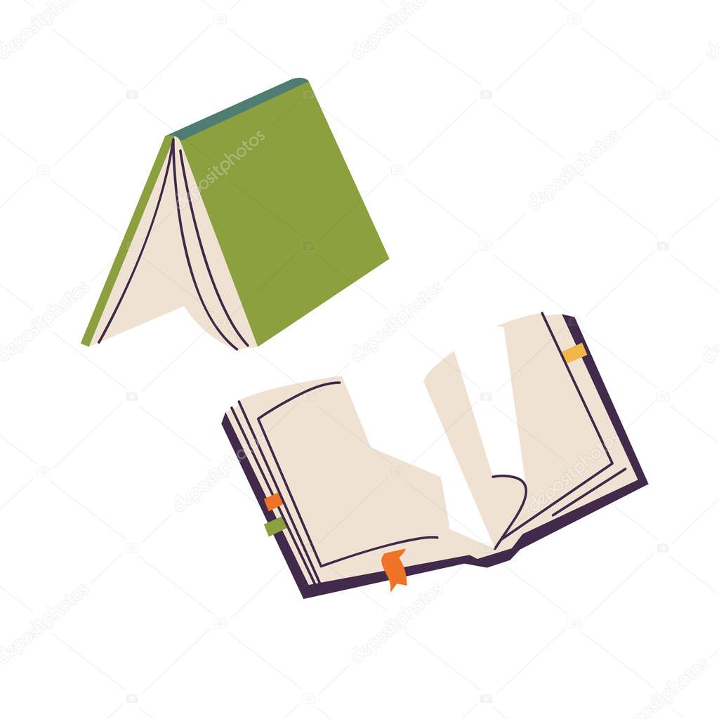 Vector illustration two open books with empty pages and colorful bookmarks in hardbacks isolated on a white background