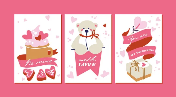 Vector Valentines Vorlage Grußkarten Mit Attributen Zeichen Und Liebessymbolen Niedliche — Stockvektor