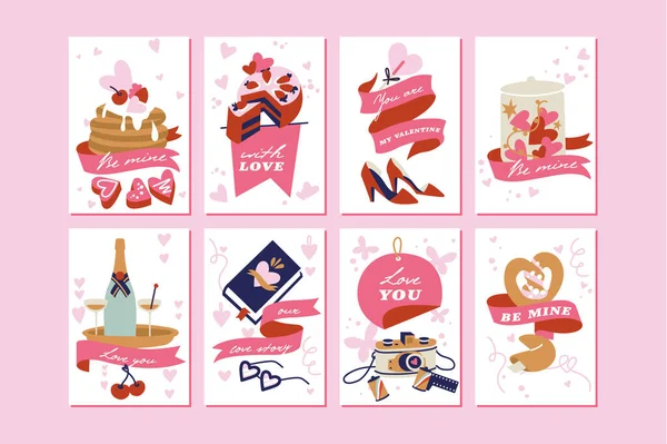 Vector Valentines Template Greeting Cards Attributes Signs Love Symbols Cute — Διανυσματικό Αρχείο