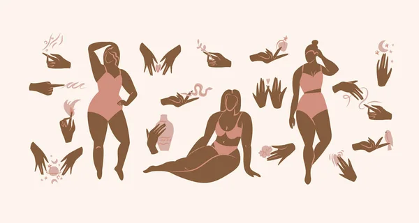 Vector Illustration Female Hands Different Gestures Female Silhouettes Lingerie — 스톡 벡터