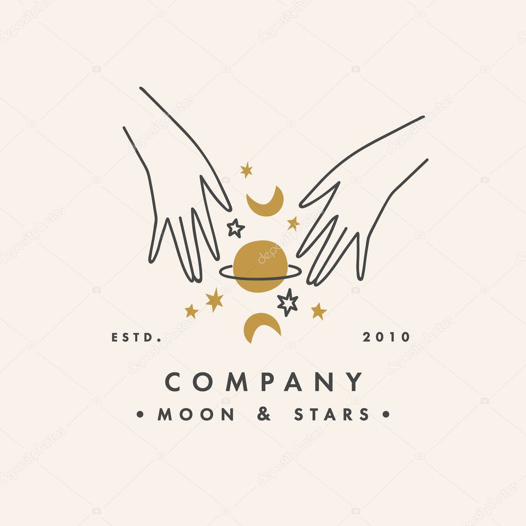 Vector design linear template logo or emblem - hands folded in prayer with planet and moon sign. Abstract symbol for cosmetics and packaging or beauty products