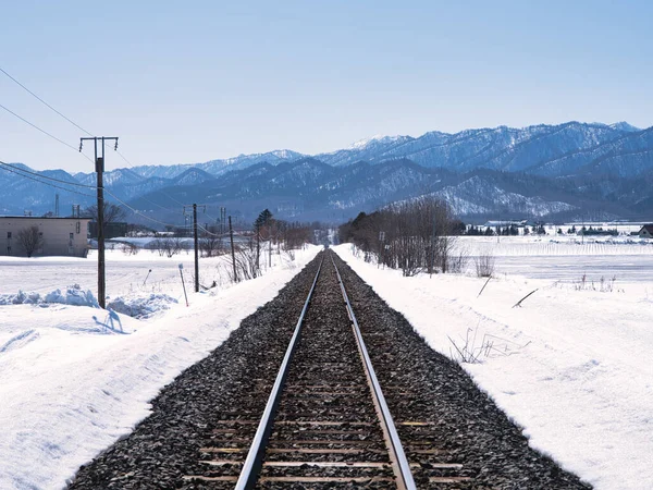 Droga Kolejowa Zimie Hokkaido — Zdjęcie stockowe