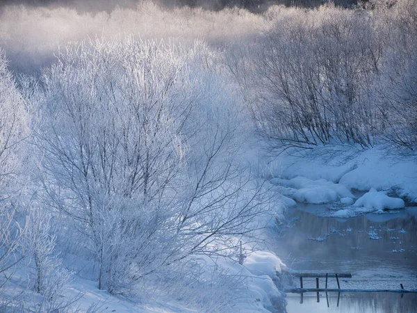Winter Fluss Und Kalter Nebel — Stockfoto