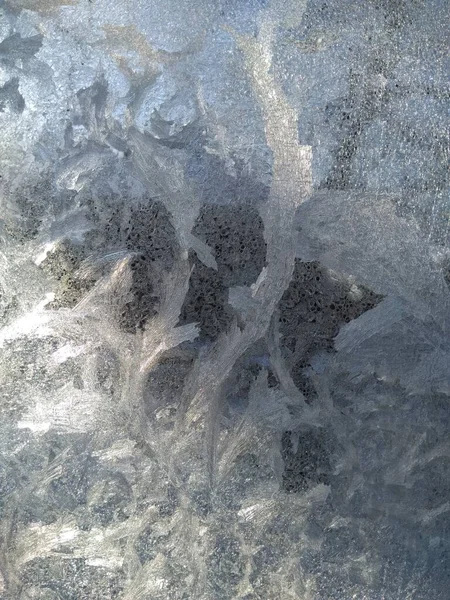 Frosty Pattern Window Frozen Glass Illuminated Sun — Stock Photo, Image