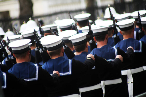 Sailors of The Royal Navy marching in London England