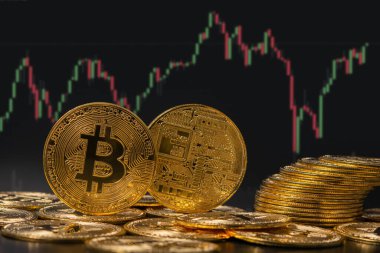 Bitcoin BTC Kripto Para Birimi ve arkaplan grafiği. Teknoloji için Altın Para