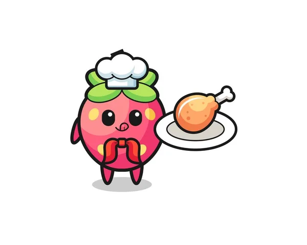 Strawberry Fried Chicken Chef Cartoon Character Cute Design — Stock Vector