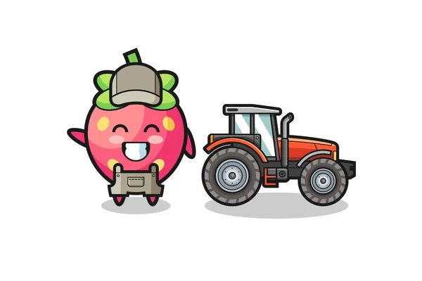 Mascota Del Granjero Fresa Pie Junto Tractor Lindo Diseño — Vector de stock