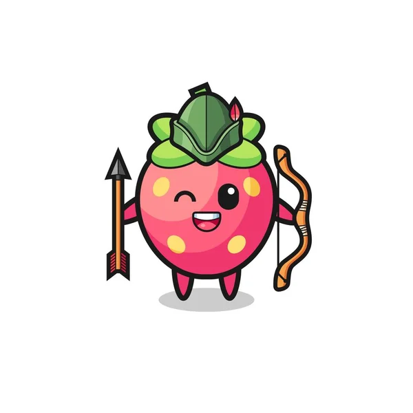 Strawberry Cartoon Medieval Archer Mascot Cute Design — Stock Vector